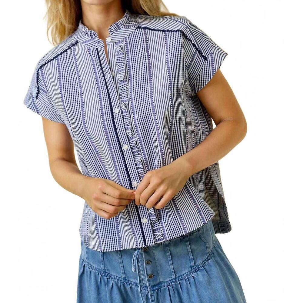 NEW DOE AND RAE stripe & gingham button down detail top in blue